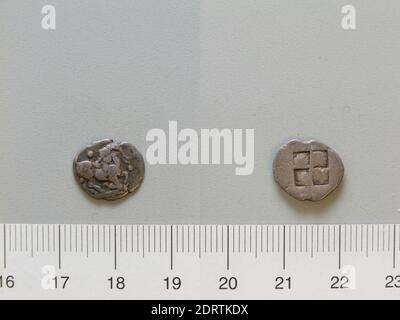 Mint: Aegae, Coin from Aegae, 499–480 B.C., Copper, 1.1 g, 12.6 mm, Made in Aegae, Macedonia, Greek, 5th century B.C., Numismatics Stock Photo