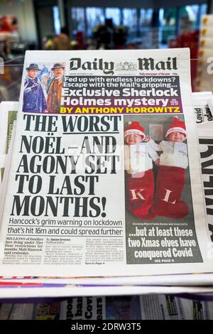 Daily Mail newspaper headline on 21 December 2020 'The Worst Noël - And Set to Last Months!' Covid-19 variant mutation London England UK Great Britain Stock Photo