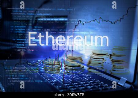 Ethereum inscription against laptop and code background.  Cryptocurrency concept. Stock Photo