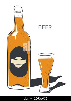 Beer in bottle, alcohol poured in glass vector Stock Vector