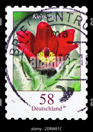 MOSCOW, RUSSIA - FEBRUARY 10, 2019: A stamp printed in Germany, Federal Republic, shows Pulsatilla vulgaris - Pasque Flower, Flowers serie, circa 2012 Stock Photo