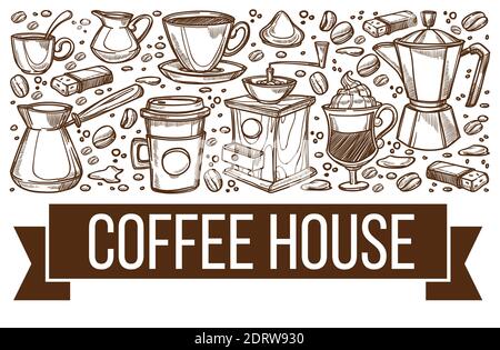 Coffee house banner with cups and cezve, cafe Stock Vector
