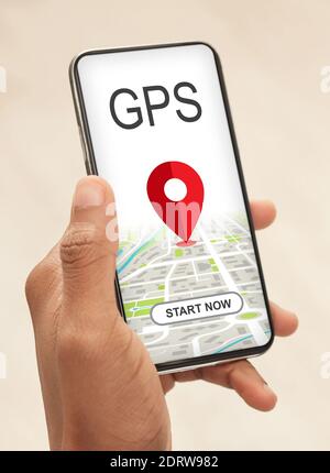 Modern gps application. African american man using smartphone with location tracking app Stock Photo