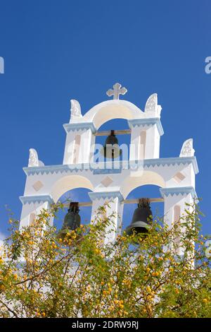 Traditional belfry of a Greek Orthodox chapel in Oia village, Santorini island, Cyclades, Aegean sea, Greece, Europe Stock Photo