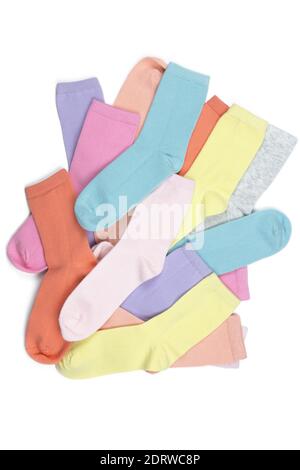Lot of multicolored children's socks without pattern, isolated on white background, flatly, minimal style. Concept children's clothing, housekeeping, Stock Photo