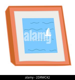 Painting with sailing boat, seascape picture art Stock Vector