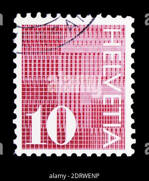 MOSCOW, RUSSIA - FEBRUARY 10, 2019: A stamp printed in Switzerland shows Digits '10' on patterned background, Numeral serie, circa 1970 Stock Photo