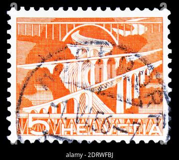 MOSCOW, RUSSIA - FEBRUARY 10, 2019: A stamp printed in Switzerland shows Sitter Bridges near Saint Gallen, Landscapes and technics serie, circa 1949 Stock Photo