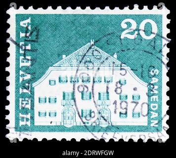 MOSCOW, RUSSIA - FEBRUARY 10, 2019: A stamp printed in Switzerland shows Planta House, Samedan, Postal history motives and monuments serie, circa 1968 Stock Photo