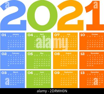Year 2021 one page month grid calendar, multi colored on white background. Vector template. Annual agenda table. All Months on One Page. Stock Vector