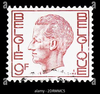 MOSCOW, RUSSIA - FEBRUARY 10, 2019: A stamp printed in Belgium shows King Baudouin Type 'Elström' - 9 BEF Brown red, serie, circa 1980 Stock Photo