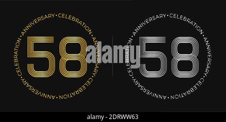 58th birthday. Fifty-eight years anniversary celebration banner in golden and silver colors. Circular logo with original numbers design. Stock Vector