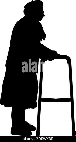 Silhouette senior woman grandma standing with her walker. Illustration symbol icon Stock Vector