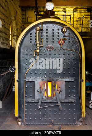 Boiler on Watt type beam engine inside Leawood Pump House built in 1849 on the Cromford Canal Derbyshire England UK to supply water to the canal.