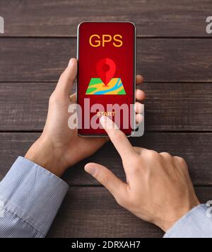 Man Using Gps App On Smartphone For Navigation, Creative Collage Stock Photo