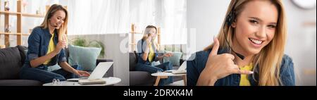 Collage of cheerful woman in headset laughing, talking while sitting near laptop and showing call gesture on blurred background, banner Stock Photo