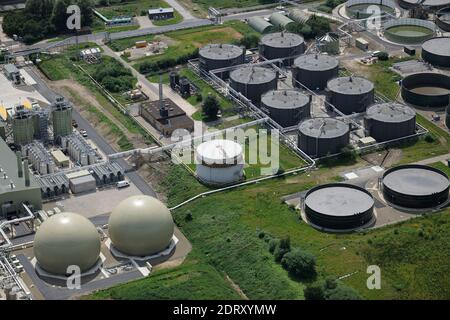 Aerial Views United Utilities Davyhulme Wastewater Treatment Works, main sewage and wastewater treatment plant for Manchester Stock Photo