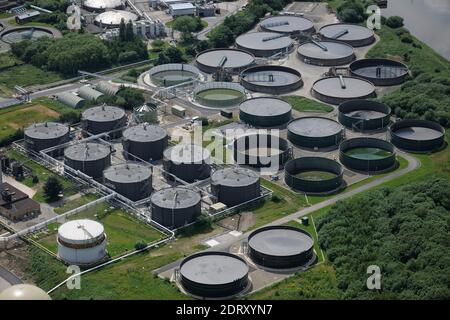 Aerial Views United Utilities Davyhulme Wastewater Treatment Works, main sewage and wastewater treatment plant for Manchester Stock Photo