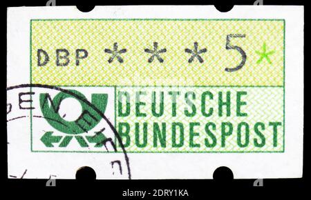 MOSCOW, RUSSIA - FEBRUARY 20, 2019: A stamp printed in Germany, Federal Republic, shows Post horn, DBP normal, ATM Labels serie, circa 1981 Stock Photo