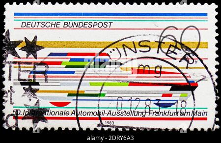 MOSCOW, RUSSIA - FEBRUARY 20, 2019: A stamp printed in Germany, Federal Republic, shows Flags forming Car, International Motor Show, Frankfurt-on-Main Stock Photo