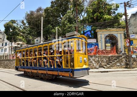 Rio de Janeiro, Brazil - November 16, 2016: Tourists ride the new version of the iconic bonde tram in the heart of the Santa Teresa neighborhood. Stock Photo