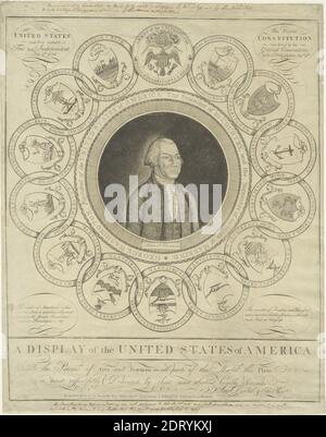 Artist: Amos Doolittle, American, 1754–1832, A Display of the United States of America, Engraving, sheet: 55.4 × 43.5 cm (21 13/16 × 17 1/8 in.), Library transfer, George Washington assumed office in April 1789, and in that year, Amos Doolittle made this engraving. Washington’s centrality to the image reflects the epochal proportions of Washington’s fame: the mere fact that Doolittle would reissue this print five more times over the next six years attests to the president’s tremendous popularity. The new nation is celebrated in this print, represented in a series of thirteen linked rings Stock Photo