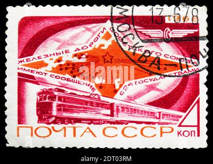 MOSCOW, RUSSIA - FEBRUARY 21, 2019: A stamp printed in Soviet Union shows Electric Train and Map, Soviet Railways serie, circa 1968 Stock Photo