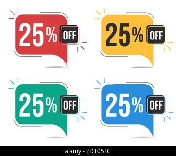 25% off. Red, yellow, green and blue tags with twenty-tfive percent discount. Banner with four colorful balloons with special offers vector. Stock Vector