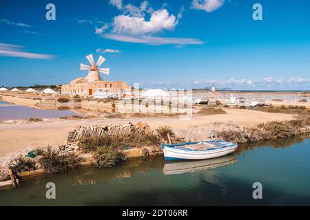 Natural reserve of the Saline dello Stagnone, near Marsala and Trapani, Sicily.,Aerial picture of Trapani salt evaporation ponds and salt mounds these ponds are filled from ocean and salt crystals are harvested as water dries up sometimes these ponds have vivid colours  Stock Photo