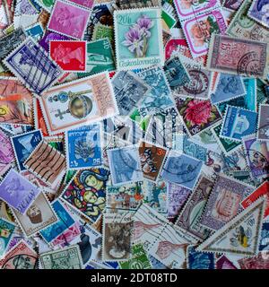 Display of international/world postage stamps as still-life collection