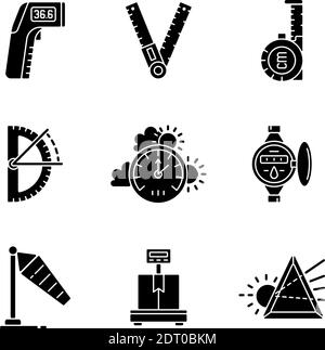 Measuring instruments black glyph icons set on white space Stock Vector