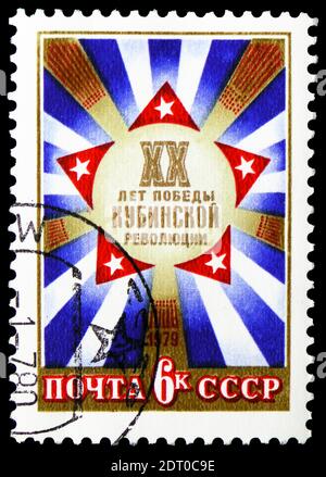 MOSCOW, RUSSIA - FEBRUARY 21, 2019: A stamp printed in Soviet Union devoted to 20th Anniversary of Cuban Revolution, circa 1979 Stock Photo