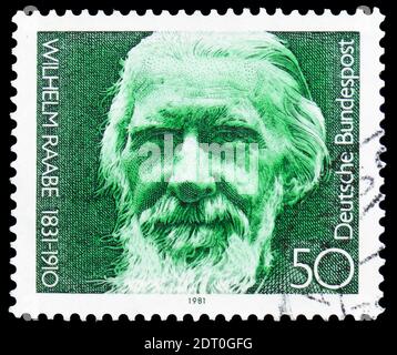 MOSCOW, RUSSIA - FEBRUARY 21, 2019: A stamp printed in Germany, Federal Republic shows Wilhelm Raabe (1831-1910), poet, serie, circa 1981 Stock Photo