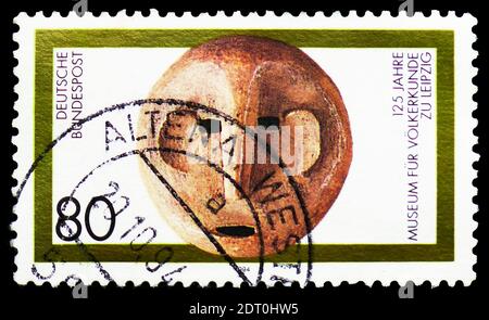 MOSCOW, RUSSIA - FEBRUARY 23, 2019: A stamp printed in Germany, Federal Republic shows Early 20th-century Makonde Mask (Tanzanian), Ethnology Museum, Stock Photo