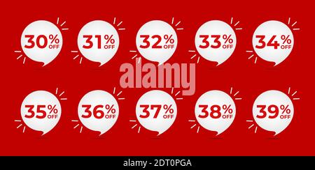 30, 31, 32, 33, 34, 35, 36, 37, 38 and 39 percent off. Set of tag discounts. Banner with six red bubble balloons with special offers vector. Stock Vector