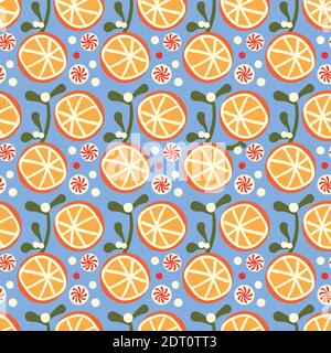 orange mistletoe and candy seamless vector pattern Stock Vector