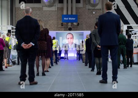 PA REVIEW OF THE YEAR 2020 - PA PHOTOGRAPHERS' FAVOURITE IMAGES File photo dated 16/04/20 of Health Secretary Matt Hancock speaking via videolink at the opening of the NHS Nightingale Hospital Birmingham, in the National Exhibition Centre (NEC). Stock Photo