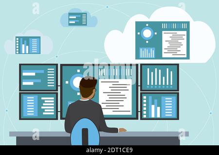 Big data analytics and cloud technology,male programmer or analyst on workplace,many monitor screens with information, Stock Vector