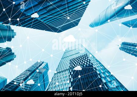 Smart City, Wireless network and cloud computing concept. Shanghai, China. Stock Photo