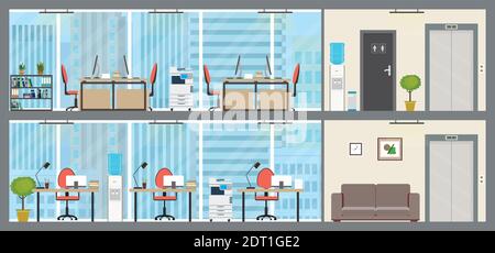 Two floors of Modern office,empty workplace interior with furniture,business center or coworking space,flat vector illustration Stock Vector