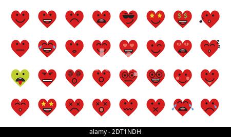 Heart smile set vector cartoon emoticons icon. Chat comment icon reactions template: smile, sad, like, love, care, face tear, loll, wow or angry emoji Stock Vector