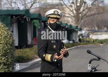 Surgeon General of the United States VADM Jerome M. Adams, M.D., M.P.H speaks to the media at the White House, in Washington,DC, December 21, 2020. Credit: Chris Kleponis / Pool via CNP Stock Photo