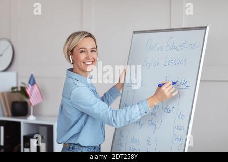 Young happy teacher giving online English lesson, standing near blackboard with grammar rules, looking at camera Stock Photo