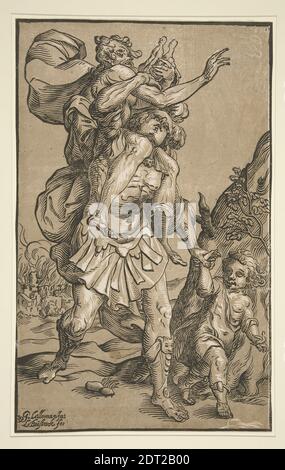 Woodcutter: Ludwig Büsinck, German, 1590–1650, After: Georges Lallemand, French, ca. 1580–1636, Aeneas Saving his Father from Burning Troy, ca. 1620–40, Chiaroscuro woodcut, sheet: 34.9 × 21.8 cm (13 3/4 × 8 9/16 in.), Made in Germany, German, 17th century, Works on Paper - Prints Stock Photo