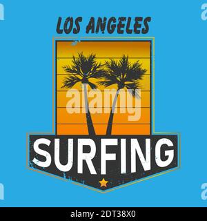 California Los Angeles t-shirt and apparel design with palm tree and halftoned sun, vector illustration, typography, print, logo, poster. Stock Vector