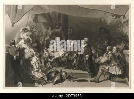 Artist: Samuel Bellin, American, After: Robert Walter Weir, American, 1803–1889, The Embarkation of the Pilgrims, Engraving, image: 50.5 × 75.8 cm (19 7/8 × 29 13/16 in.), Made in United States, American, 19th century, Works on Paper - Prints Stock Photo