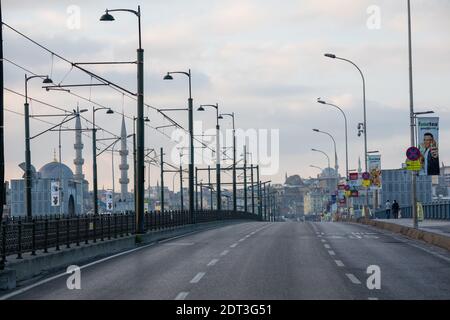 Empty street view from Galata Bridge, Istanbul in Turkey on December 6, 2020. The streets of Istanbul, which are empty due to the curfew. Stock Photo