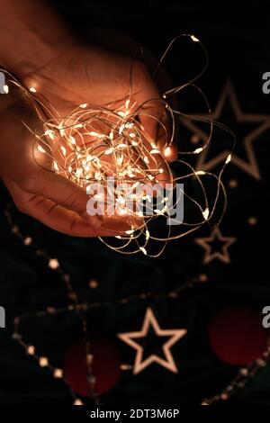 Flat lay christmas composition in trendy colors with sparks. Magic concept Stock Photo