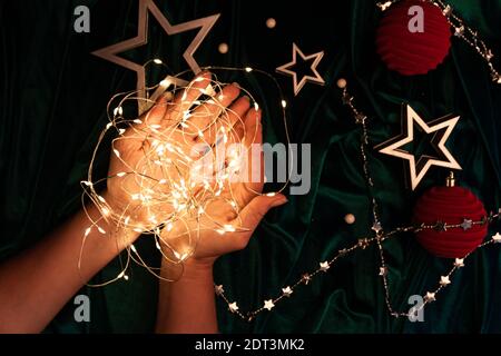 Flat lay christmas composition in trendy colors with sparks. Magic concept Stock Photo