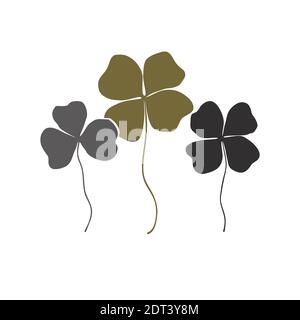 Clovers with four and three leaves bouquet. Shamrock logo or sign icon. Saint Patrick symbol, stylish and simple design. Vector Flat design set Stock Vector